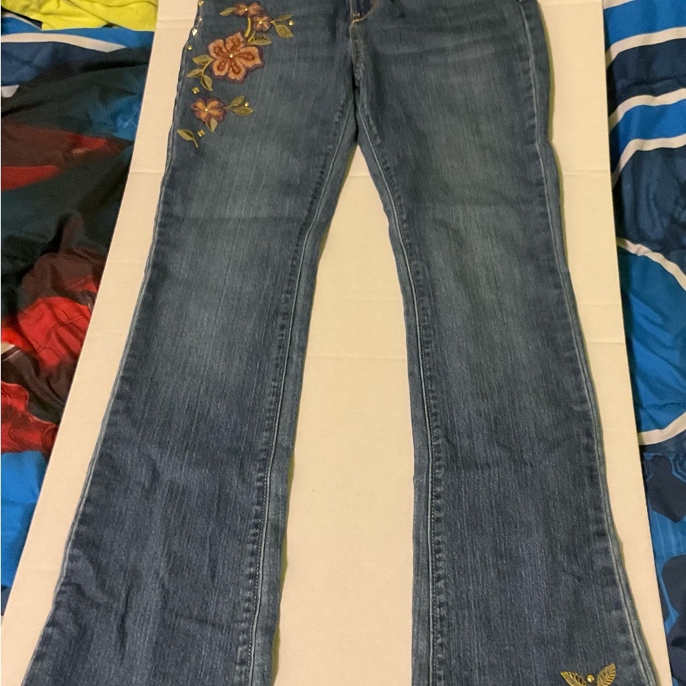 Old Navy Juniors Boot-Cut Jeans Size 16 Regular Floral Embroidered Studded Denim